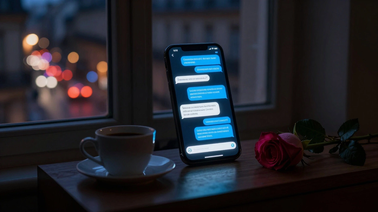 A dimly lit nightstand with a phone showing encrypted messages and a rose.