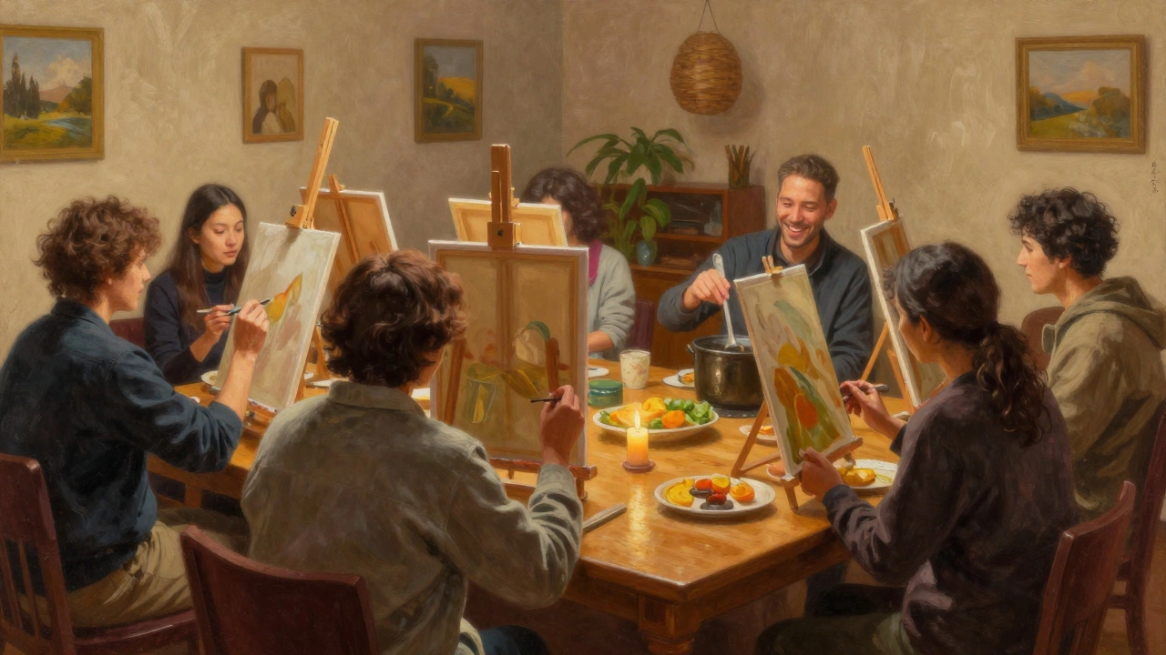 A diverse group sharing food and art in a warm, welcoming community space.