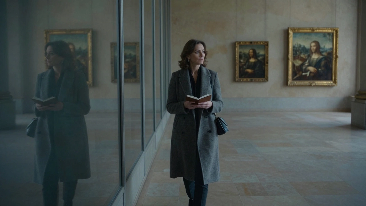 A woman walking through the Louvre at dawn, observing art in solitude.